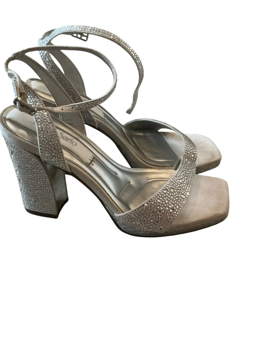 Franco Sarto women’s L-Daffy ankle strap heeled sandals metallic silver w stones
